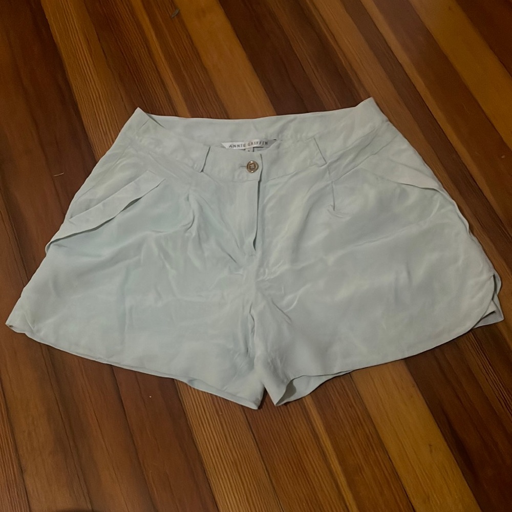 Annie Griffin silk shorts in a sea foam green